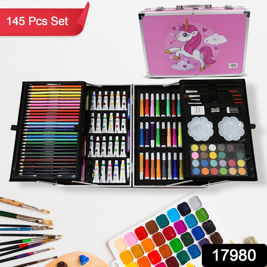 17980��Professional Art Set-Drawing Painting Sketching Coloring Kids Set All in 1 Art Case Perfect for Kids with Unicorn Design Case, Shading Crayons Oil Pastels Color Set Watercolor Cakes Paint Brush Sharpener Eraser (145 Pcs
