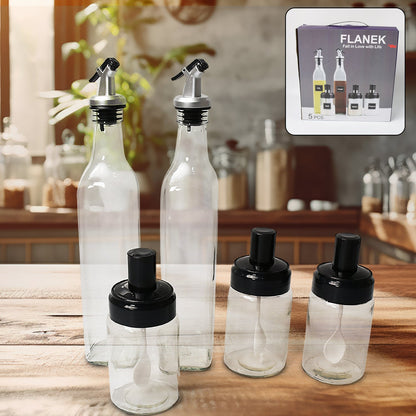 Transparent Glass��Oil Dispenser 500 ML Bottle Set of 2, Spice Jar 250 ML Set of 3, Oil Bottle for Kitchen, Oil & Vinegar Storage Glass Bottle, Glass Container for Spice, Masala (5 Pcs