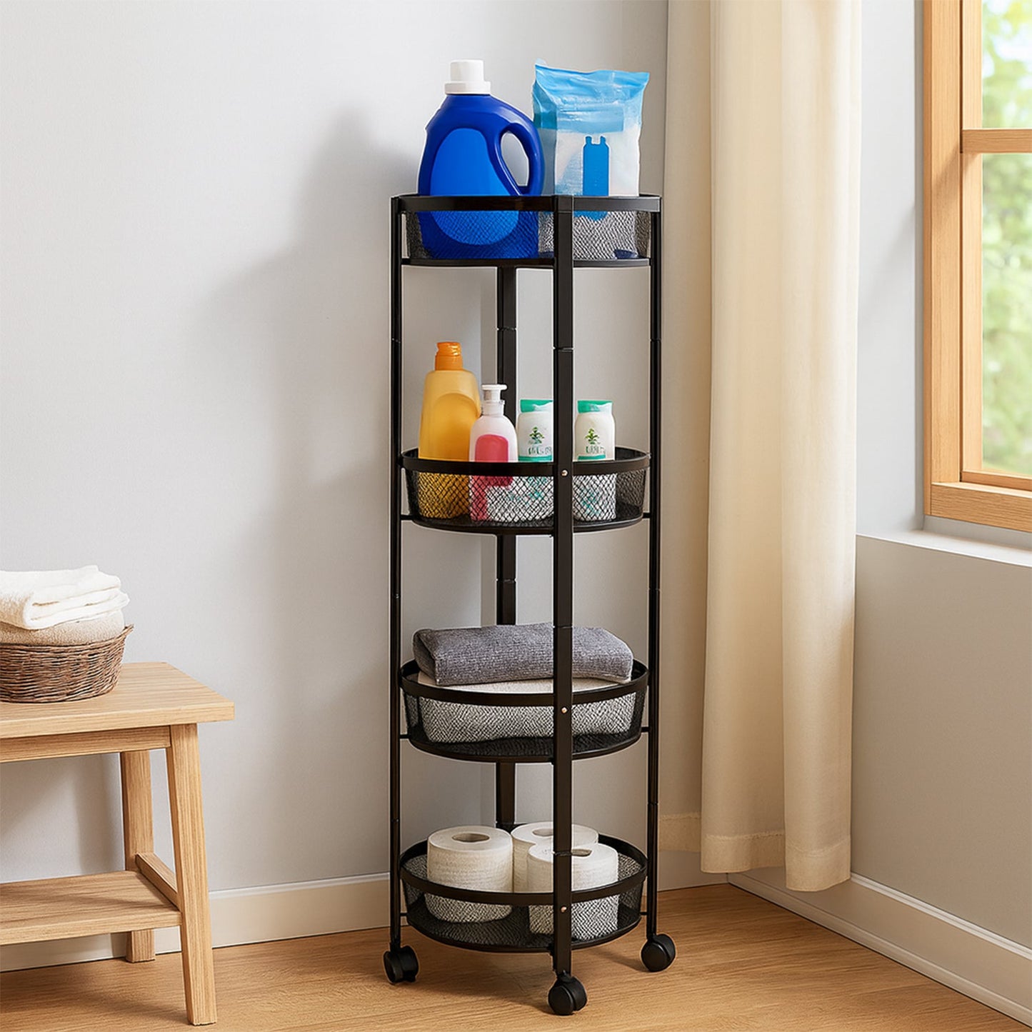 4-Layer Round Metal Folding Storage Trolley with Mesh Baskets and Wheels ��� Multi-Purpose Organizer Rack