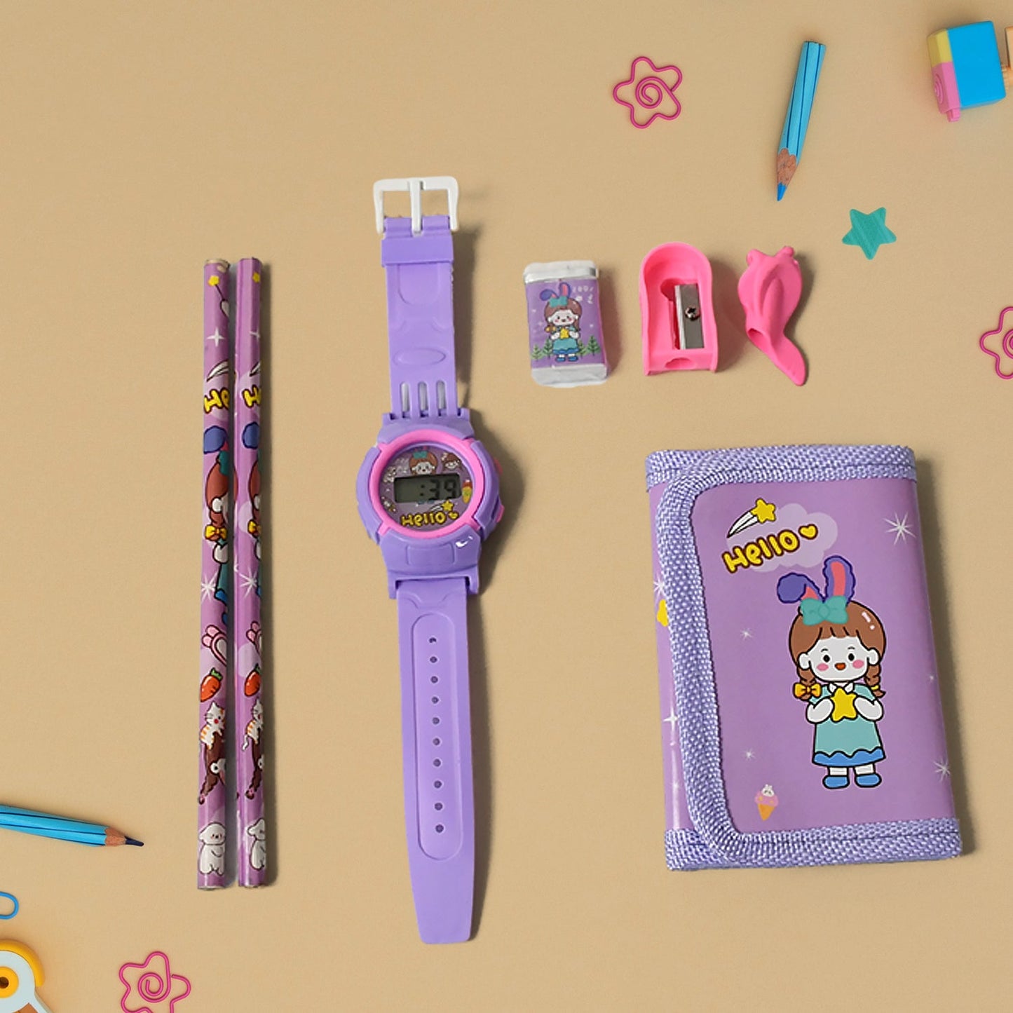 Stationery Set for Kids ��� 7-in-1 School Kit with Pencils, Eraser, Sharpener, Pouch & More (Pack of