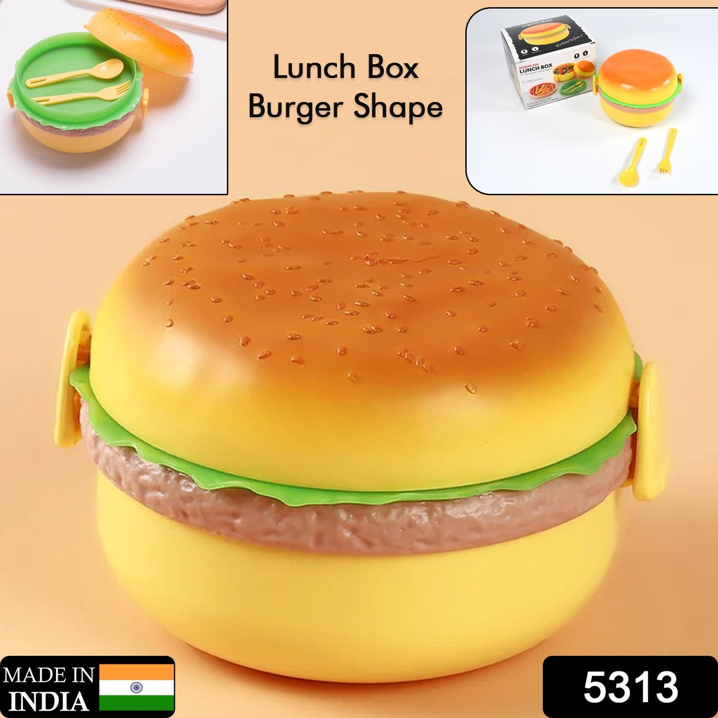 Burger Shape Lunch Box ��� Double Layer 1000ml Food Container with 2 Spoons fo