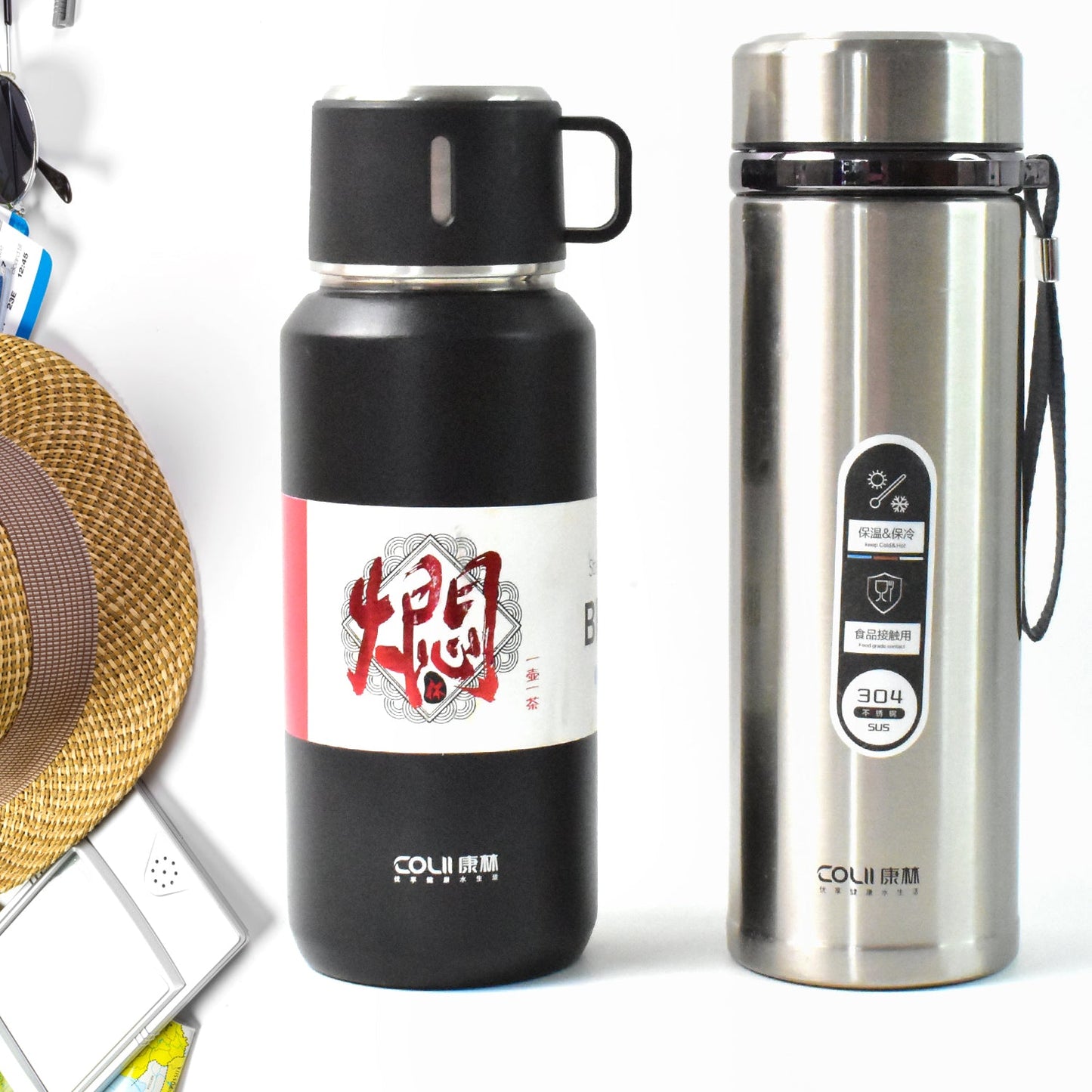 Stainless Steel Vacuum Insulated Water Bottle ��� 900ML Approx, Leak-Proof, Wide Mouth with Hanging Strap (Mix