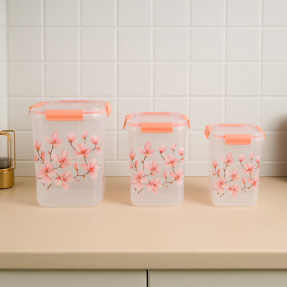 Square 3 Pcs Floral Printed Airtight Storage Container Set ��� Approx 2.8 Ltr, 4.5 Ltr, 6.9 Ltr (3 Pc