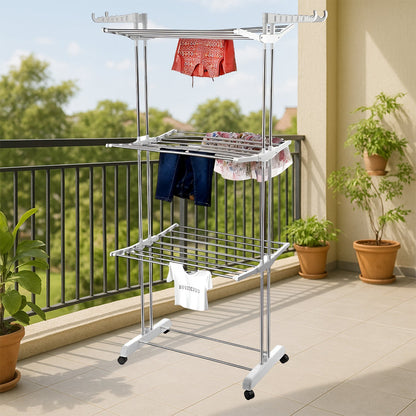 3-Tier Foldable Stainless Steel Cloth Drying Stand with Wheels