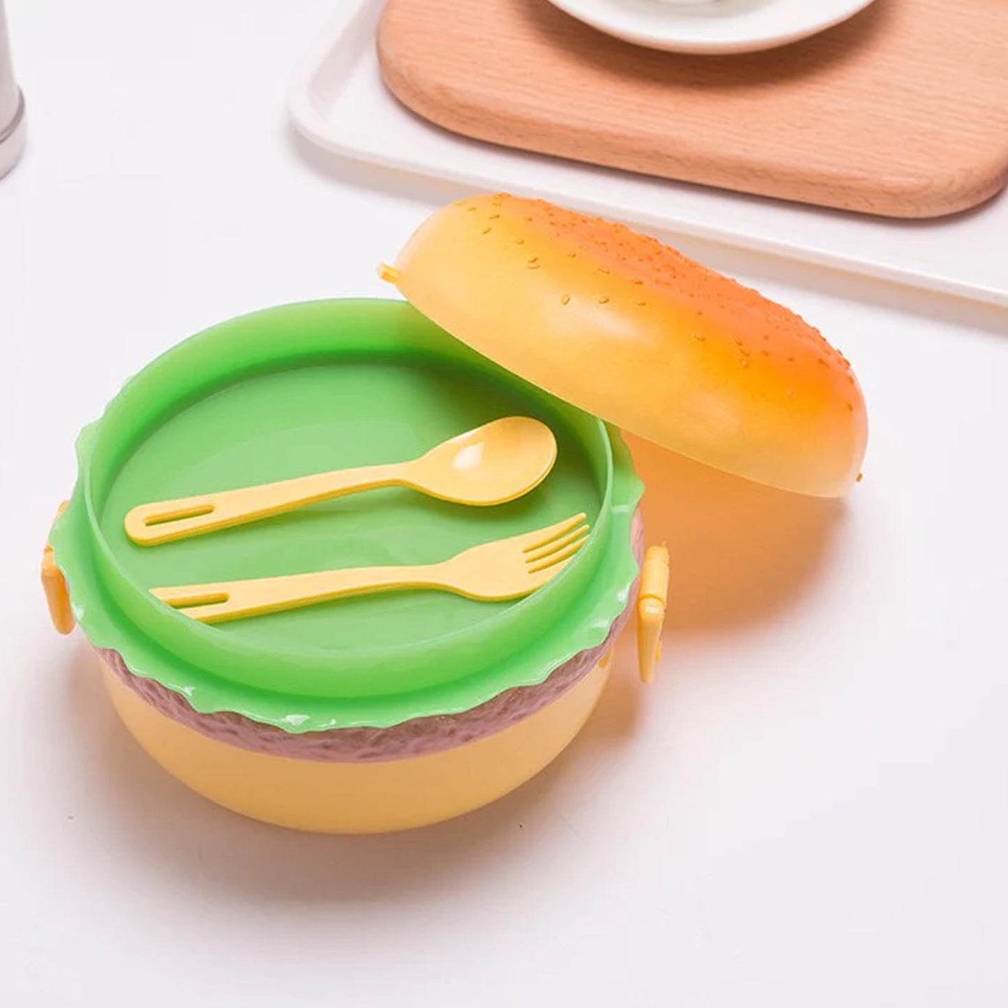 Burger Shape Lunch Box ��� Double Layer 1000ml Food Container with 2 Spoons fo