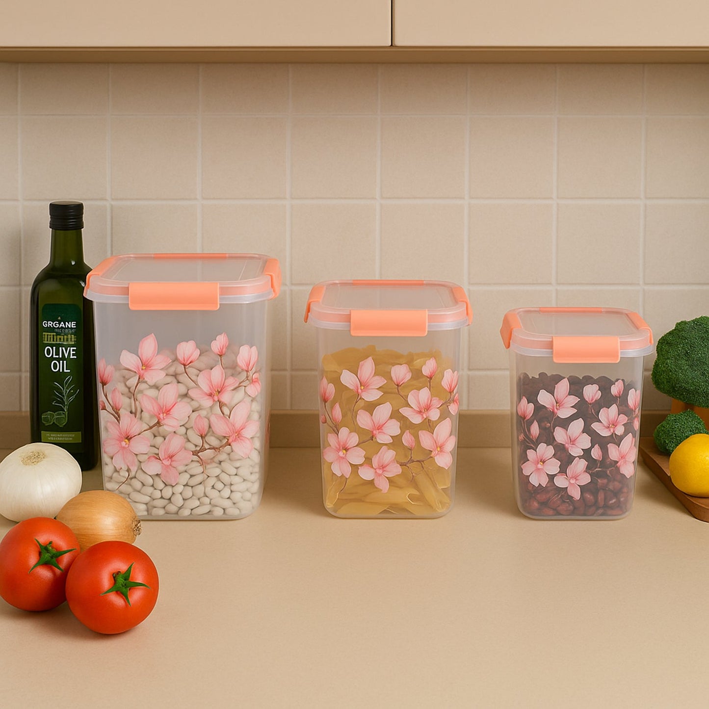 Square 3 Pcs Floral Printed Airtight Storage Container Set ��� Approx 2.8 Ltr, 4.5 Ltr, 6.9 Ltr (3 Pc