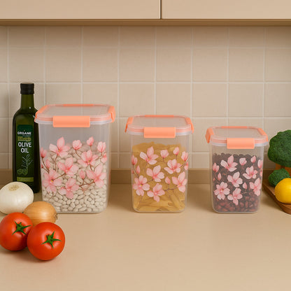 Square 3 Pcs Floral Printed Airtight Storage Container Set ��� Approx 2.8 Ltr, 4.5 Ltr, 6.9 Ltr (3 Pc