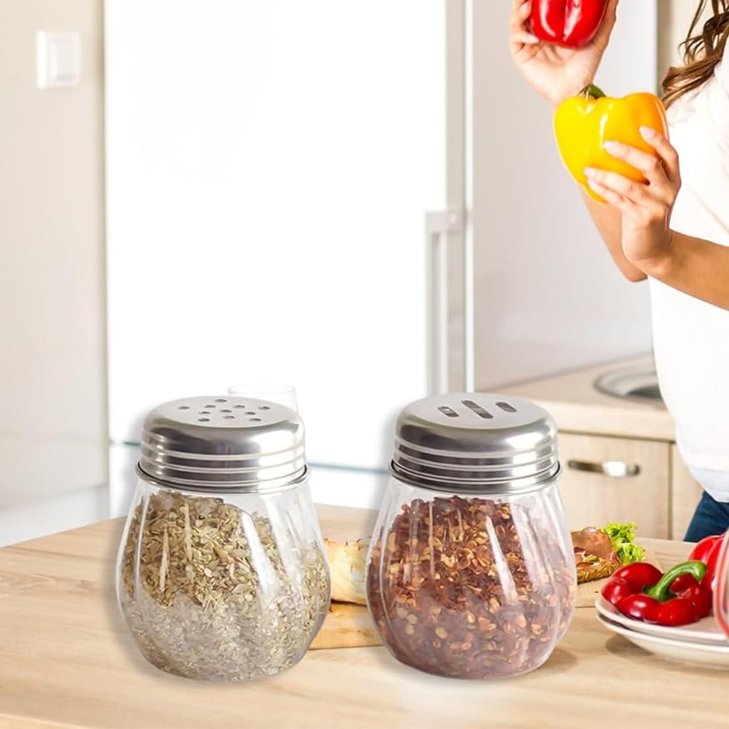 Apex Oregano & Chilli Flakes Dispenser Set ��� 2 Pcs Plastic Spice Shaker with Stainless Ste