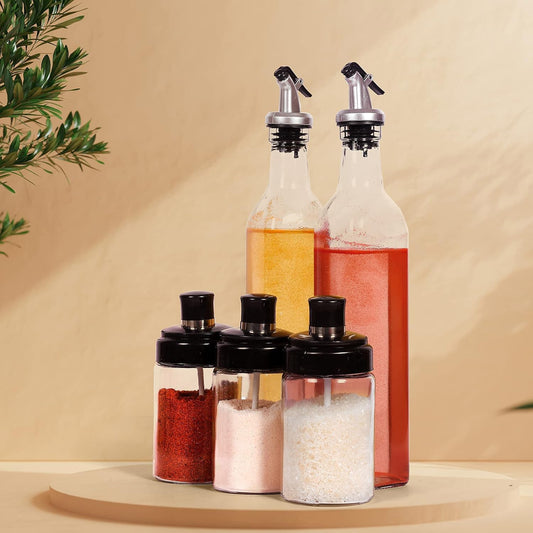 Transparent Glass��Oil Dispenser 500 ML Bottle Set of 2, Spice Jar 250 ML Set of 3, Oil Bottle for Kitchen, Oil & Vinegar Storage Glass Bottle, Glass Container for Spice, Masala (5 Pcs