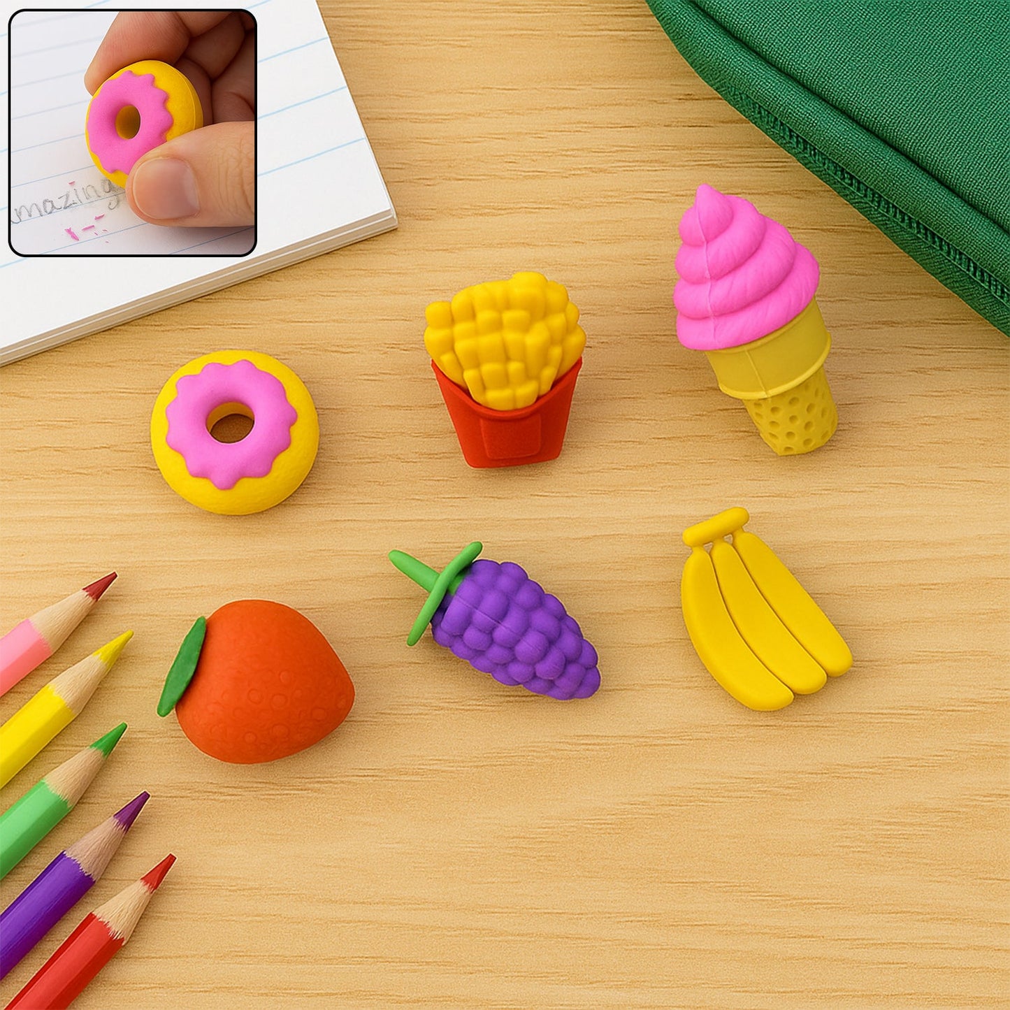 3D Food Fancy & Colorful Erasers ��� Cute Novelty Eraser Set for Kids & School Prize (1 Set / Mix Design &