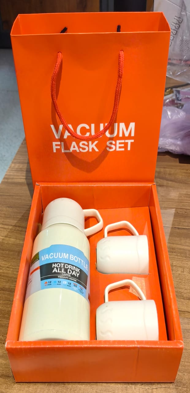 White Vacuum Flask Set ��� Stainless Steel Thermos with 3 Cups, Approx