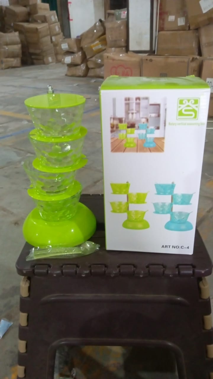 4 Section 360�� Rotating Vertical Seasoning Box Plastic Pickle Tower | Spice Rack (4 Layer with 4 Plastic Spoon / 1