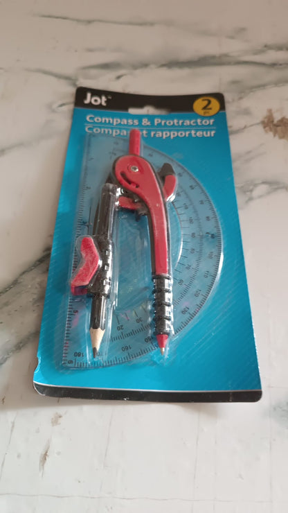 2 Pc Geometry Set ��� Built-in Pencil Grip + Transparent Plastic Protractor ��� School Geomet