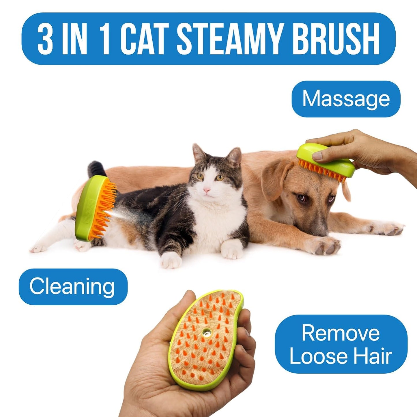 3-in-1 Cat Steamy Brush ��� Self-Cleaning Pet Grooming & Hair Remova