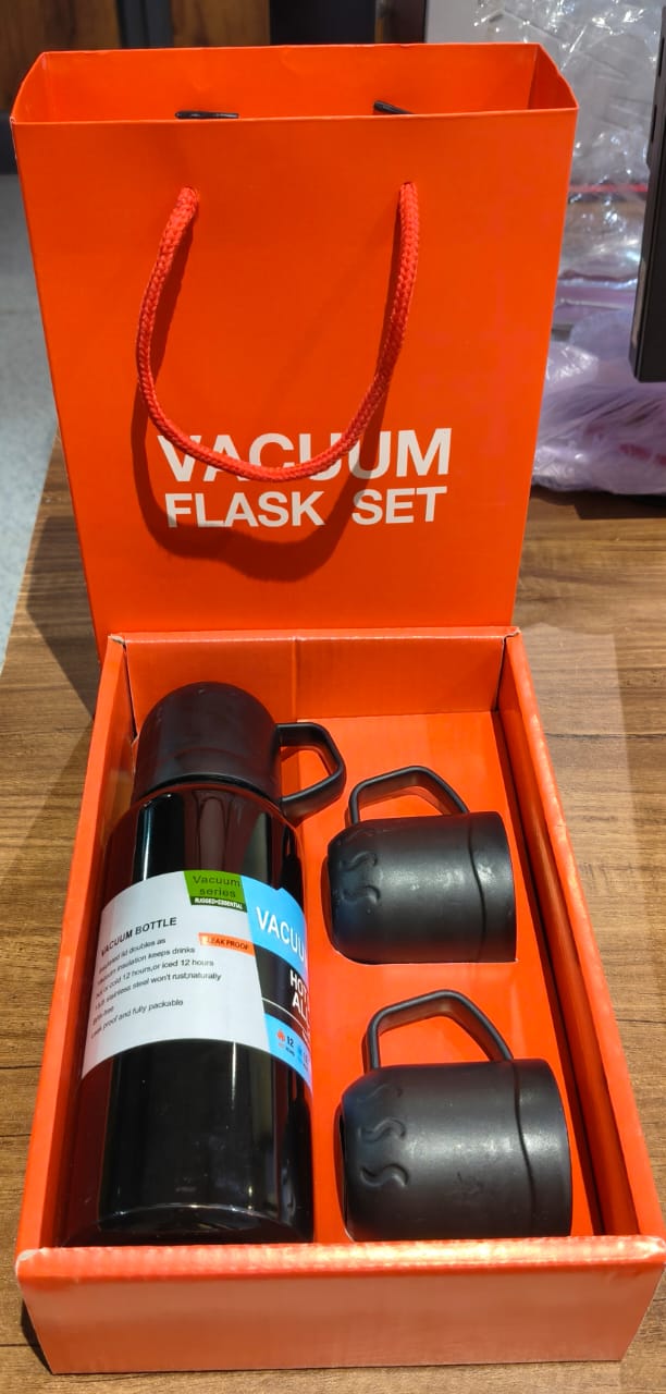 Black Vacuum Flask Set ��� Stainless Steel Thermos with 3 Cups, Approx