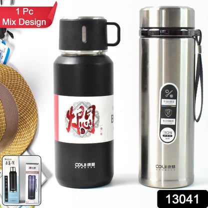 Stainless Steel Vacuum Insulated Water Bottle ��� 900ML Approx, Leak-Proof, Wide Mouth with Hanging Strap (Mix