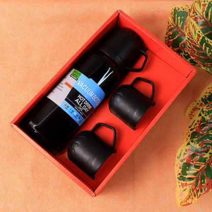 Black Vacuum Flask Set ��� Stainless Steel Thermos with 3 Cups, Approx
