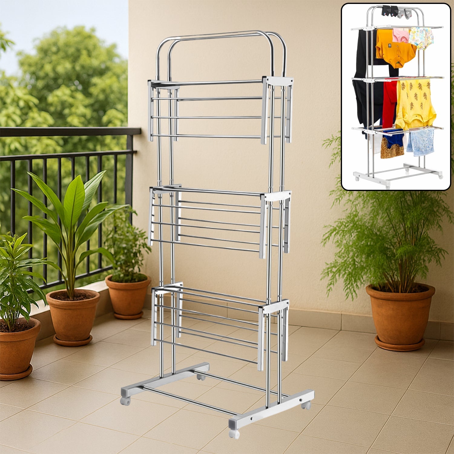 3 Layer Foldable Stainless Steel Cloth Drying Stand with Wheels