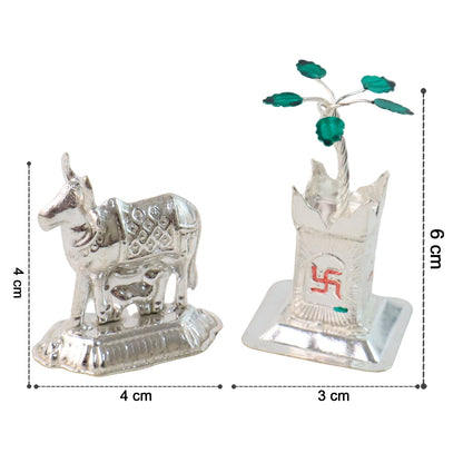 Silver-Plated Kamdhenu Cow & Tulsi Plant Pair ��� Pooja & Home