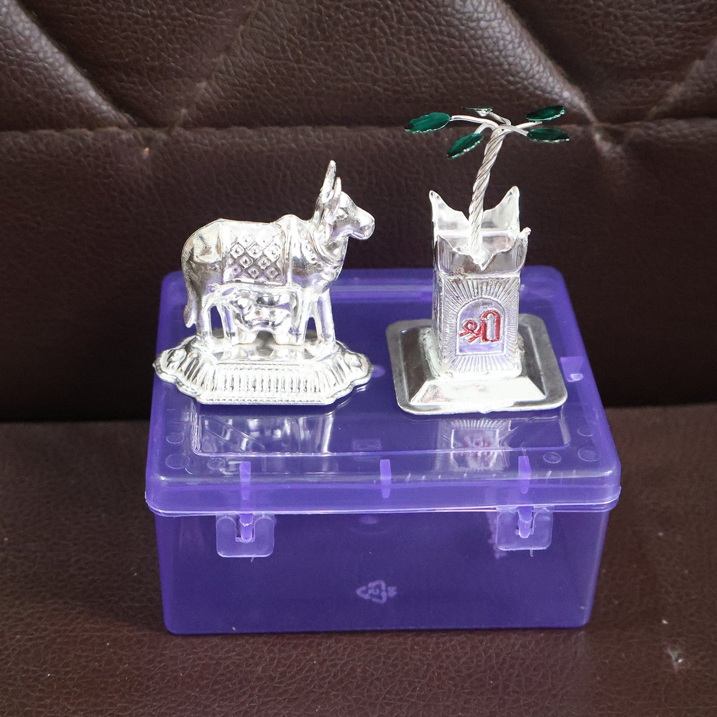 Silver-Plated Kamdhenu Cow & Tulsi Plant Pair ��� Pooja & Home
