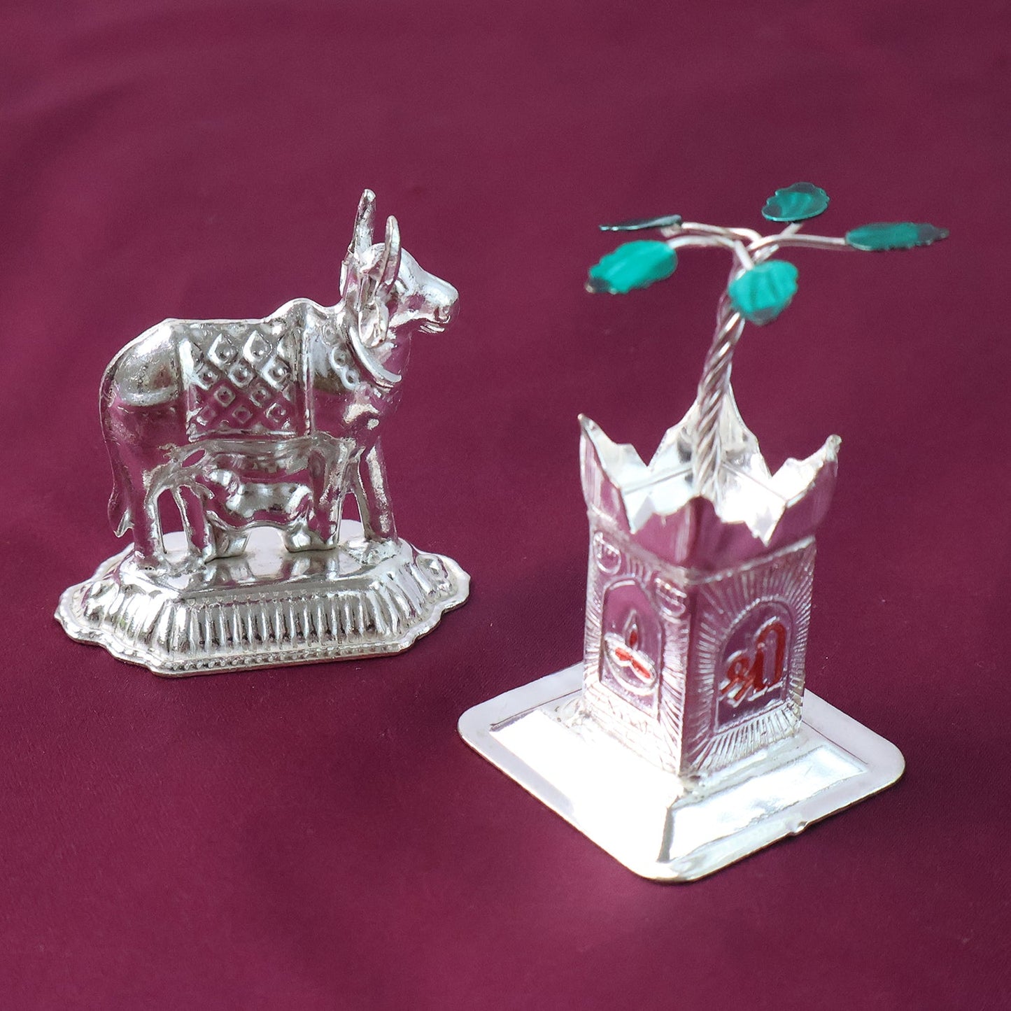 Silver-Plated Kamdhenu Cow & Tulsi Plant Pair ��� Pooja & Home
