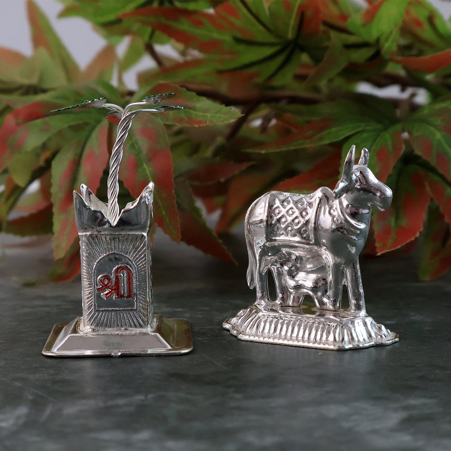 Silver-Plated Kamdhenu Cow & Tulsi Plant Pair ��� Pooja & Home
