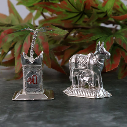 Silver-Plated Kamdhenu Cow & Tulsi Plant Pair ��� Pooja & Home