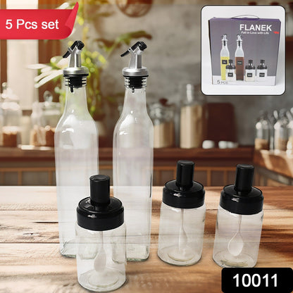Transparent Glass��Oil Dispenser 500 ML Bottle Set of 2, Spice Jar 250 ML Set of 3, Oil Bottle for Kitchen, Oil & Vinegar Storage Glass Bottle, Glass Container for Spice, Masala (5 Pcs