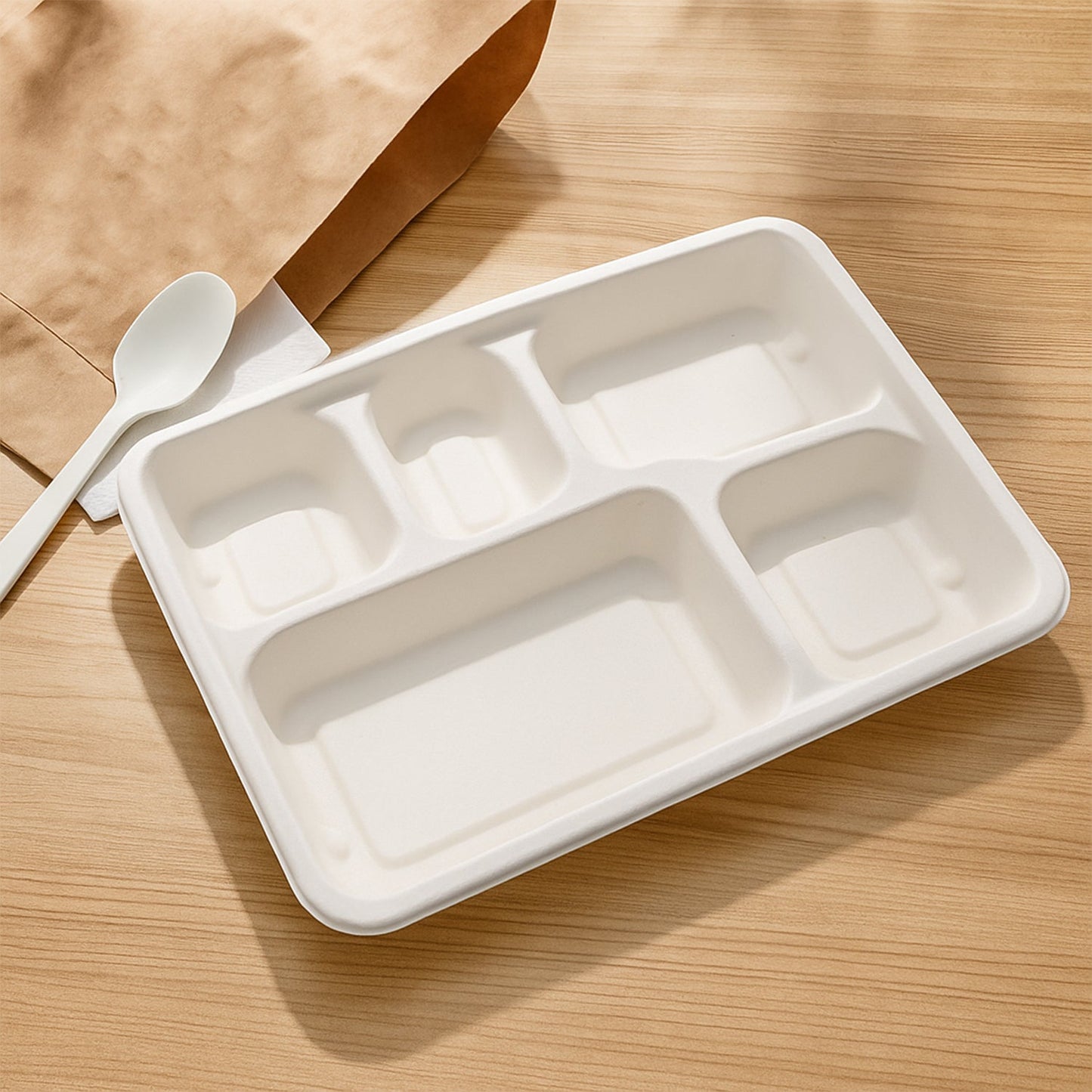 5-Compartment Rectangle Lunch Compostable Bagasse Plate ��� 10 Pc