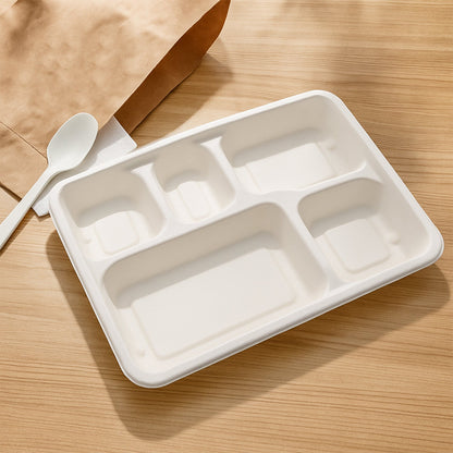 5-Compartment Rectangle Lunch Compostable Bagasse Plate ��� 10 Pc