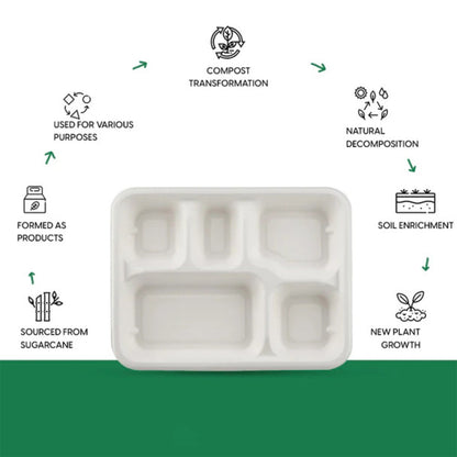 5-Compartment Rectangle Lunch Compostable Bagasse Plate ��� 10 Pc