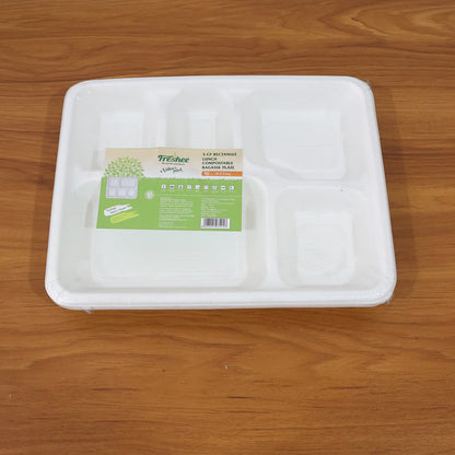 5-Compartment Rectangle Lunch Compostable Bagasse Plate ��� 10 Pc