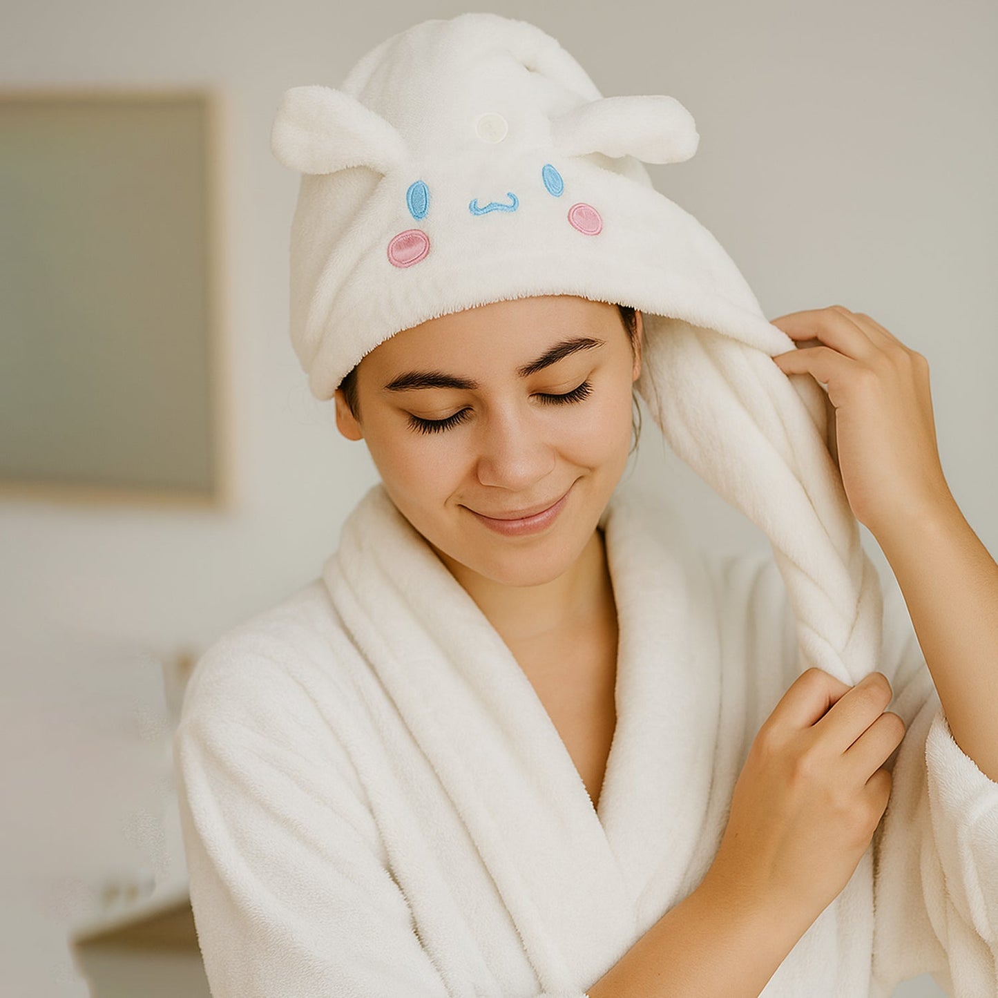 Soft Microfiber Cartoon Design Hair Drying Towel Wrap with Button Closure (1 Pc)