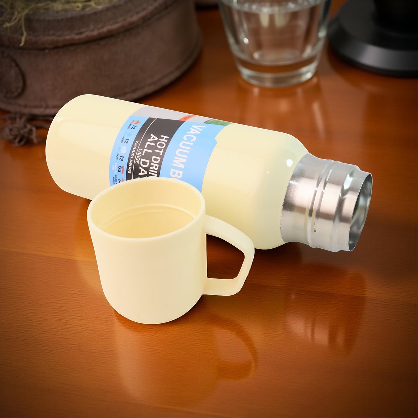 White Vacuum Flask Set ��� Stainless Steel Thermos with 3 Cups, Approx
